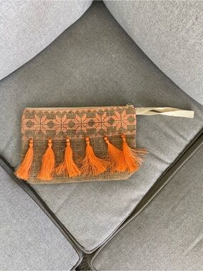 Orange Tassel Woven Wristlet purse